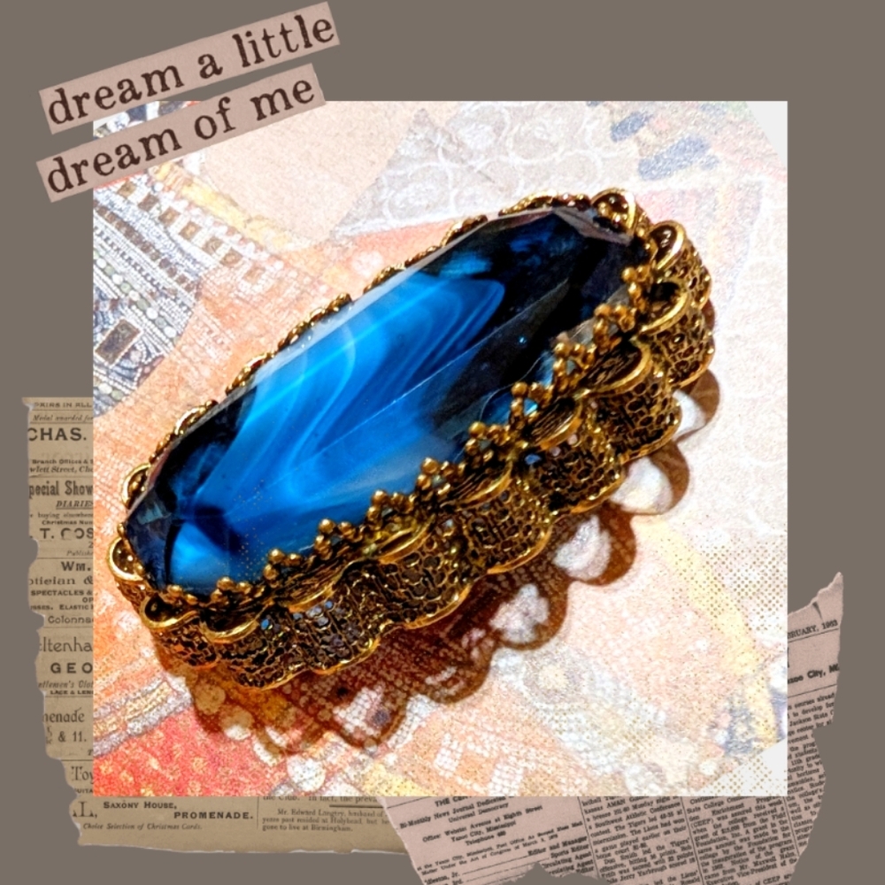 VTG 1940s Large Blue Slag Glass Filigree Brooch - Picture 2 of 5